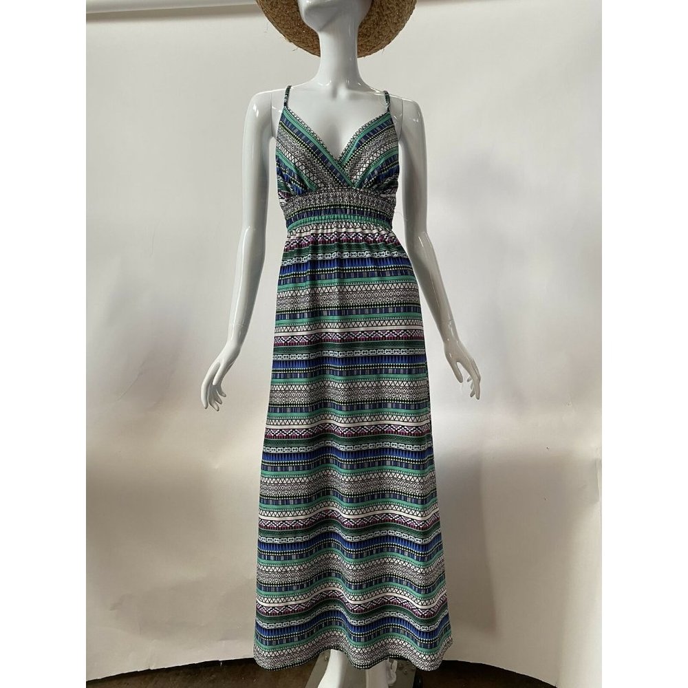 She's Cool Womens A Line Maxi Dress Multicolor Aztec Stretch Empire Waist M